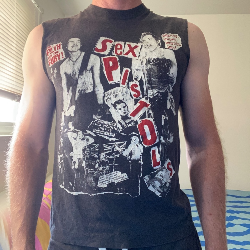 Vintage 80s Sex Pistols T-Shirt Mens Medium Sleeveless Distressed Music Band Tee